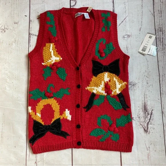 Vintage The Villager M Medium Hand Knit Ugly Christmas Sweater Vest Button NOS - Picture 8 of 8